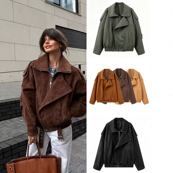 Damen Oversize Bomberjacke mit breitem Reverskragen, Taillengürtel und Schulterklappen Echo Archiv