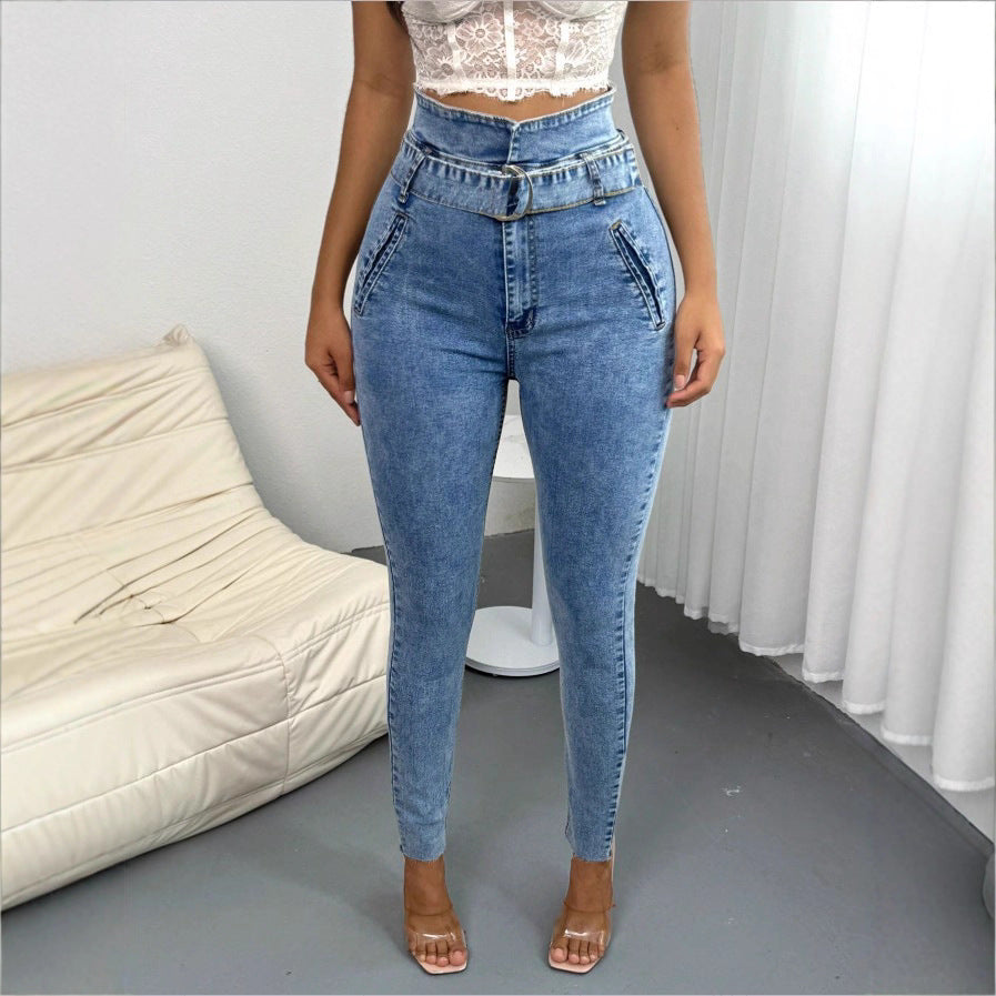 Damen Hochtaillierte Slim‑Skinny‑Jeans mit D‑Ring‑Gürtel und schrägen Eingrifftaschen Echo Archiv