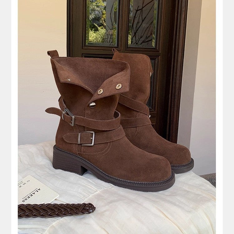 Damen Veloursleder-Bikerstiefel mit Schnallen und mittlerem Blockabsatz Echo Archiv