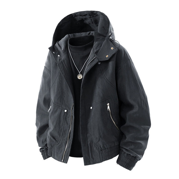 Herren leichte Utility-Hoodie-Jacke mit verstaubarer Kapuze, wasserabweisender Beschichtung, Reißverschluss-Taschen und elastischen Bündchen – Cavarno