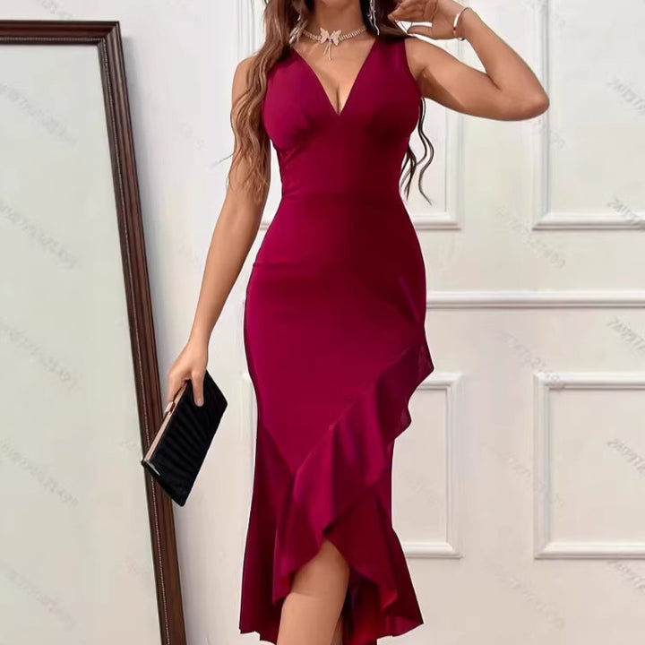 Damen Midikleid mit V-Ausschnitt und asymmetrischem Rüschensaum Echo Archiv