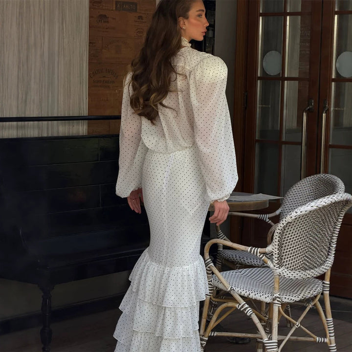 Damen Maxikleid aus Chiffon mit Wickeloberteil, Schluppe und gestuftem Volant‑Rock Echoarchiv