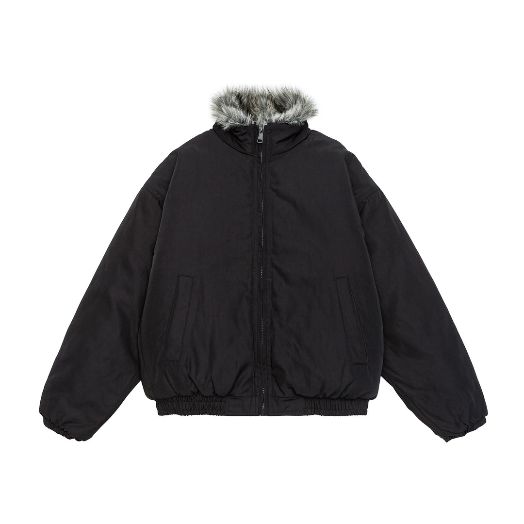 Damen Oversize wattierte Bomberjacke mit elastischem Saum und Kunstfellbesatz Echoarchiv