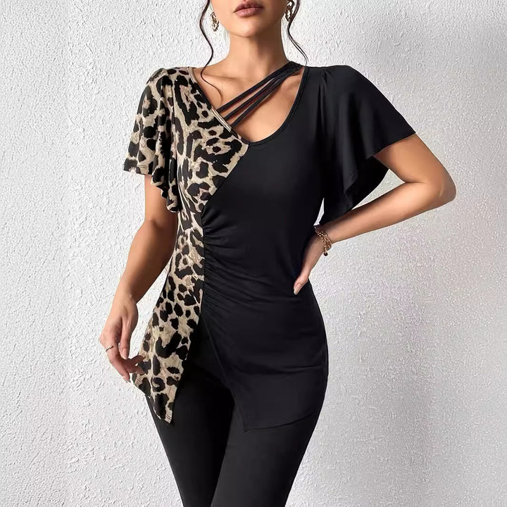 Damen nan asymmetrische Stretch-Tunika mit Leopardenprint-Seiteneinsatz und Mehrfachträgern Echo Archiv