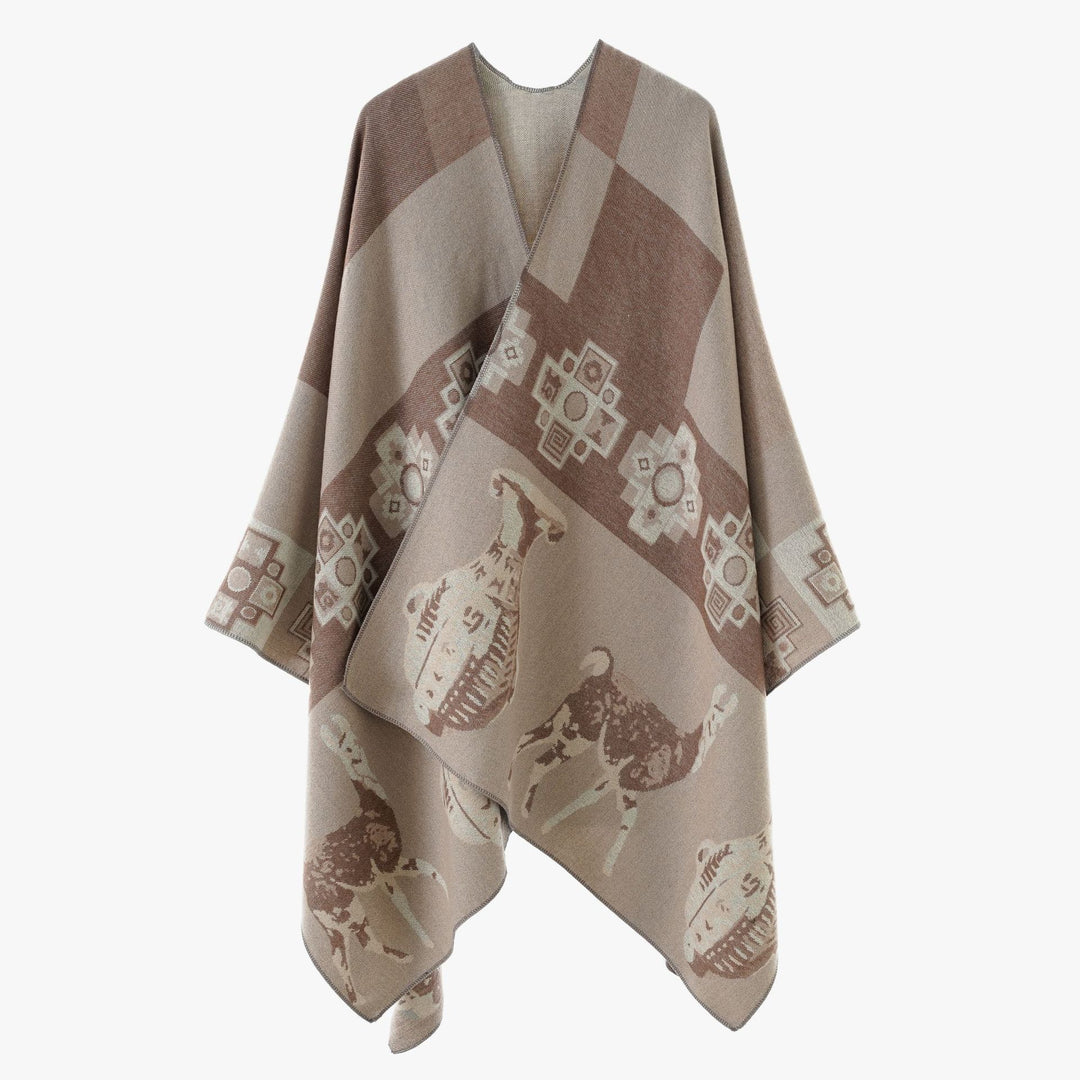 Damen Cape-Überwurf aus Jacquard-Strick mit Tier- und Ethno-Motiv Echo Archiv