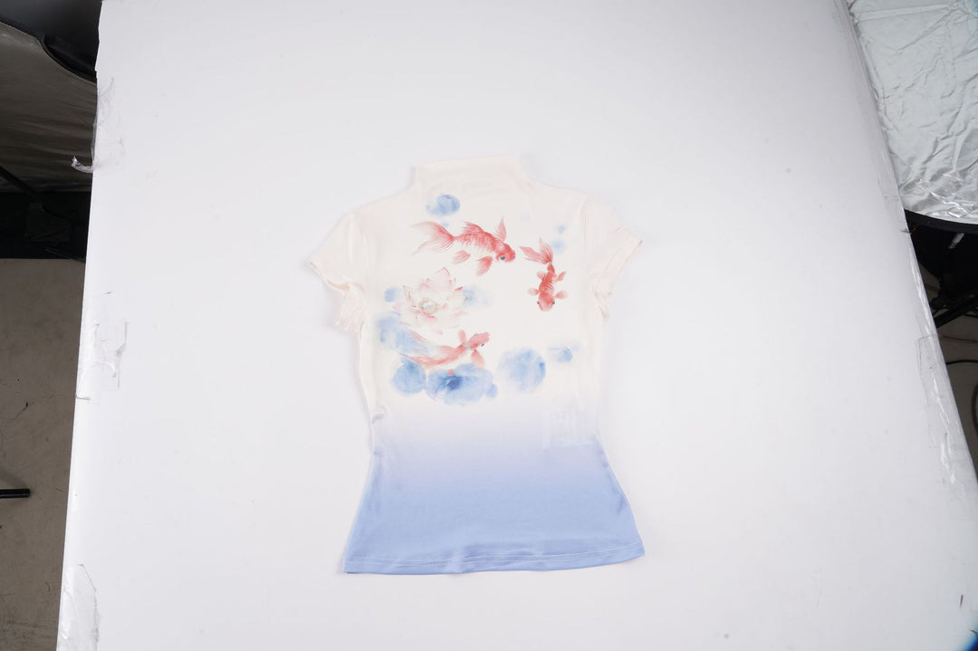 Damen Kurzarmshirt mit floralem Motiv und hochgeschlossenem Kragen Echo Archiv