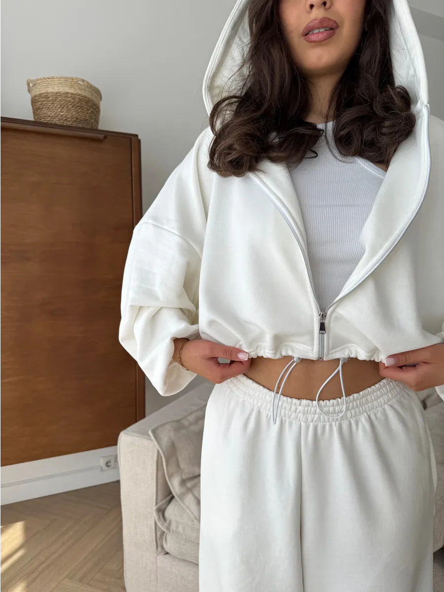 Damen kurzes Kapuzenzipper-Lounge-Set mit oversized Ärmeln und weitem Jogginghose-Schnitt – Auréline