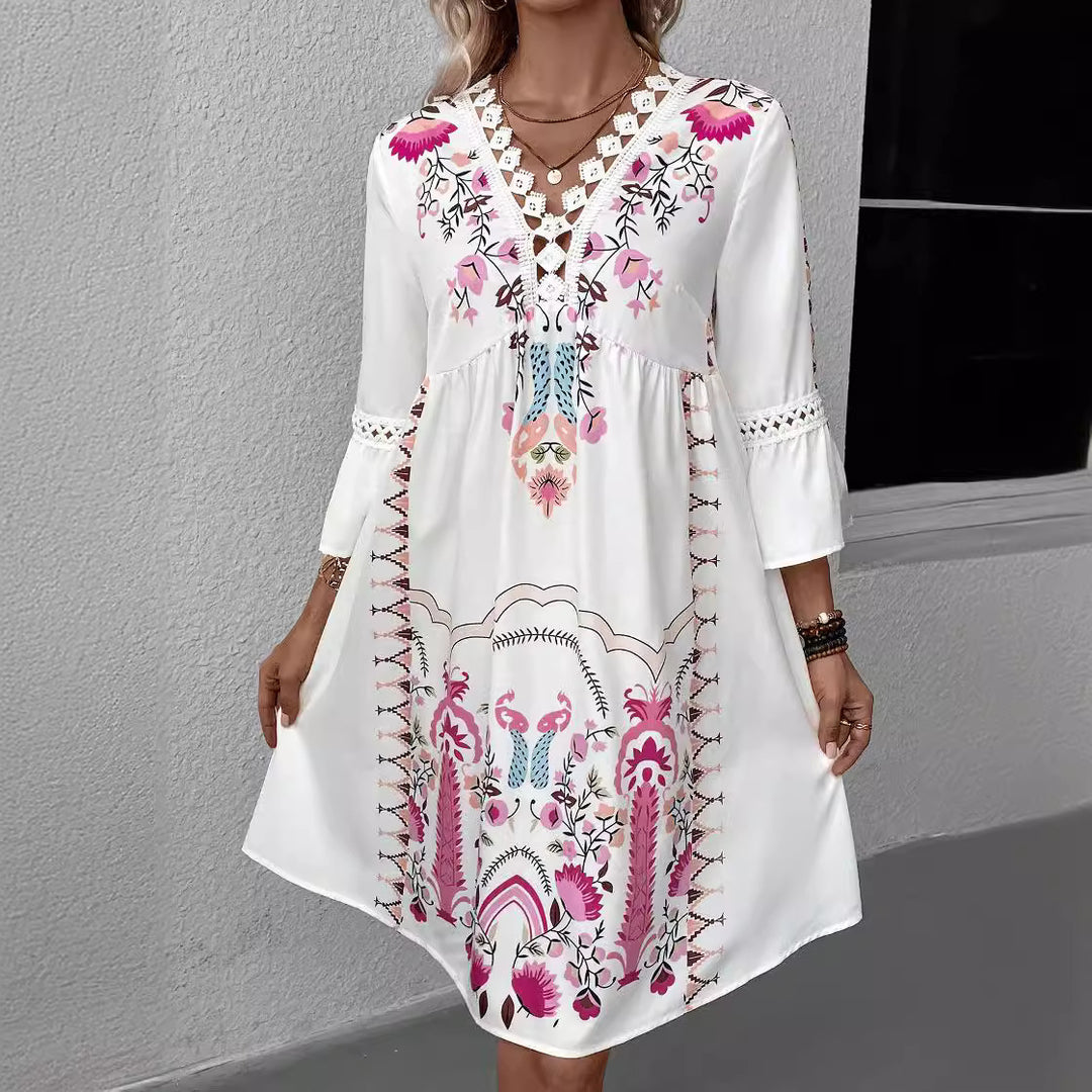 Damen Boho-Kleid mit Stickerei, Häkel-V-Ausschnitt und ausgestellter A-Linie Echo Archiv