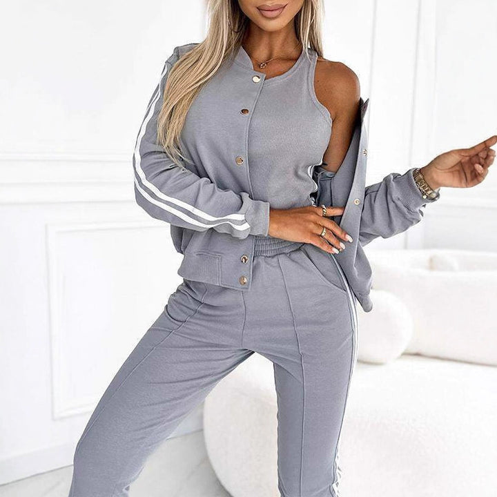 Damen nan sportliches Jogginganzug-Set mit Collegejacke, kurzes Top und slim-fit Jogginghose Echo Archiv