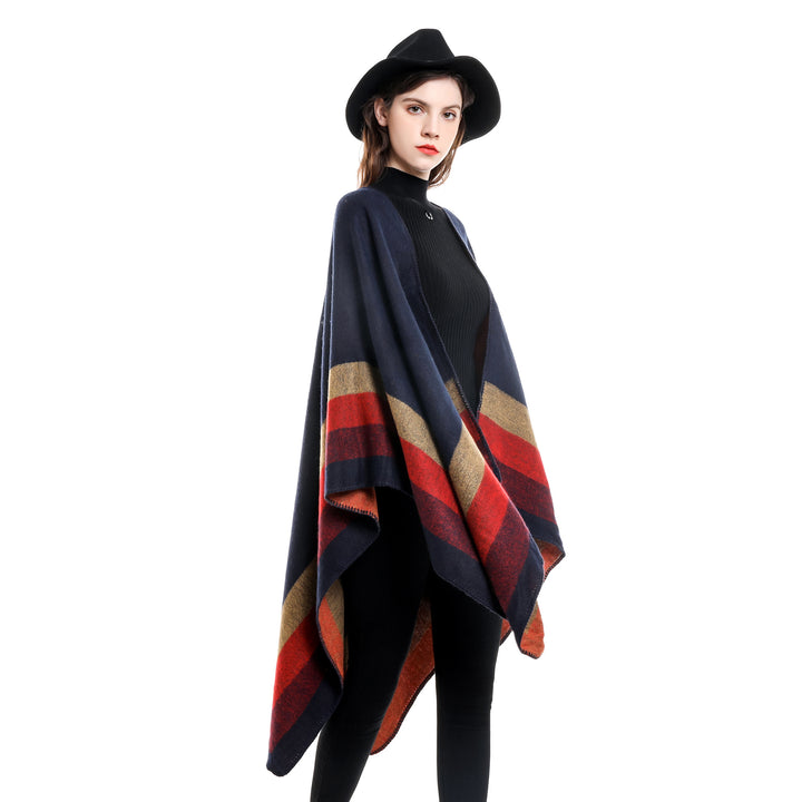 Damen Offener Strick‑Cape‑Poncho mit kontrastierenden Blockstreifen und Zierstich – Avérine