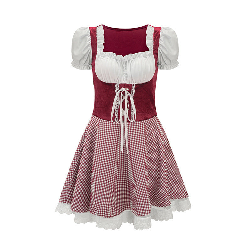 Damen nan bayerisch inspiriertes Mini-Dirndl mit geschnürtem Mieder, Puffärmeln und Vichykaro-Rock Echo Archiv