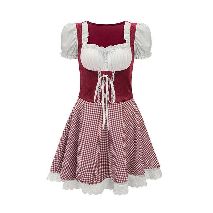Damen nan bayerisch inspiriertes Mini-Dirndl mit geschnürtem Mieder, Puffärmeln und Vichykaro-Rock Echo Archiv
