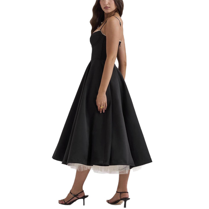 Damen nan tailliertes retro-inspiriertes Midikleid mit Korsage Unterbrustnähten Tellerrock und Eingrifftaschen Echo Archiv
