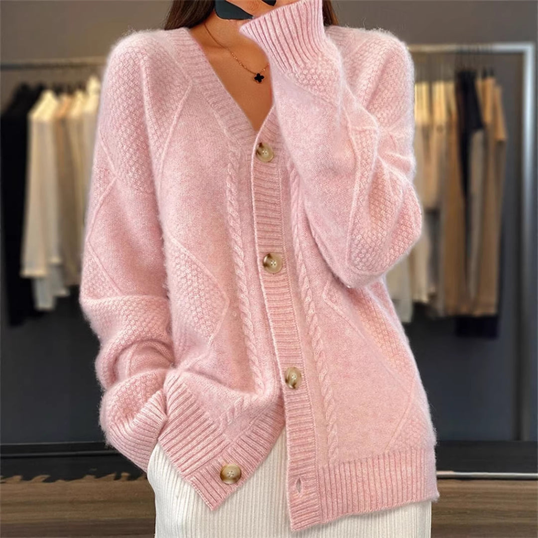 Damen nan Oversize Strickcardigan mit Zopfmuster V-Ausschnitt und Perlmuttknöpfen Echo Archiv