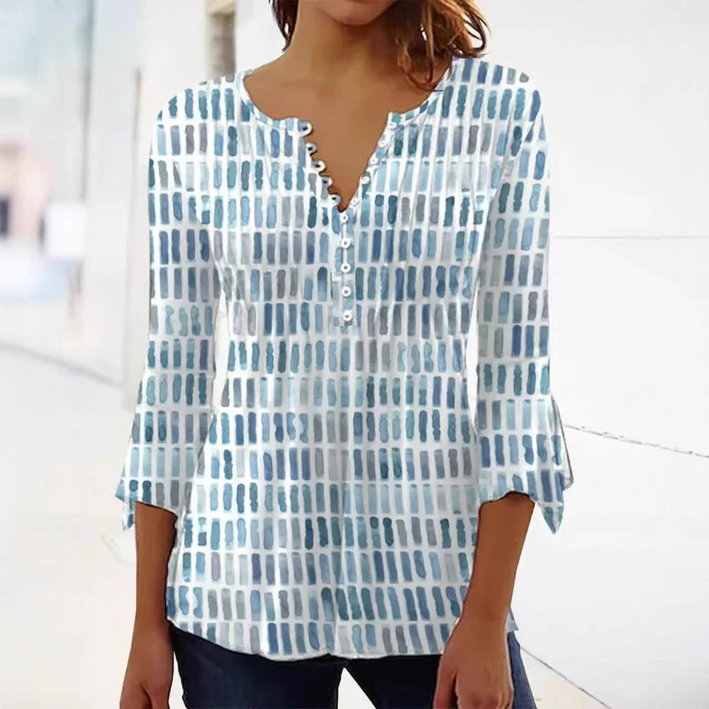 Damen nan luftig leichtes Aquarell-Print Blusenshirt mit Henley-Knopfleiste und dreiviertel Glockenärmeln Echo Archiv