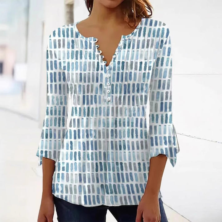 Damen nan luftig leichtes Aquarell-Print Blusenshirt mit Henley-Knopfleiste und dreiviertel Glockenärmeln Echo Archiv