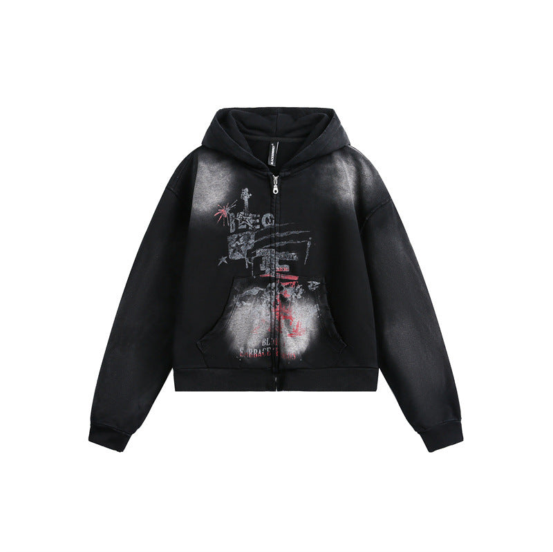 Unisex Kapuzenzipjacke im urbanen Graffiti‑Print mit Kängurutasche und Boxy‑Schnitt Echoarchiv