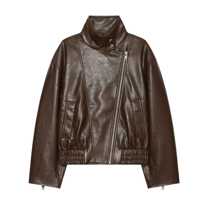 Damen Kurze Kunstleder-Bikerjacke mit Stehkragen, asymmetrischem Reißverschluss und elastischem Saum Echo Archiv