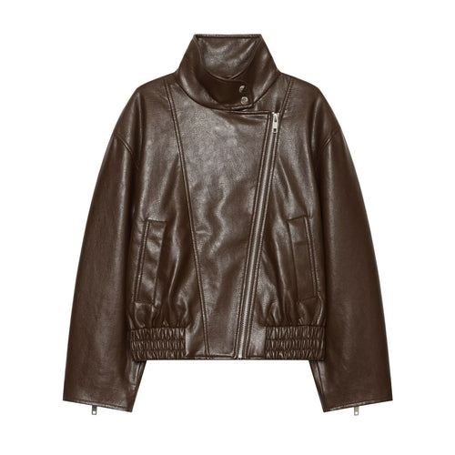 Damen Kurze Kunstleder-Bikerjacke mit Stehkragen, asymmetrischem Reißverschluss und elastischem Saum Echo Archiv