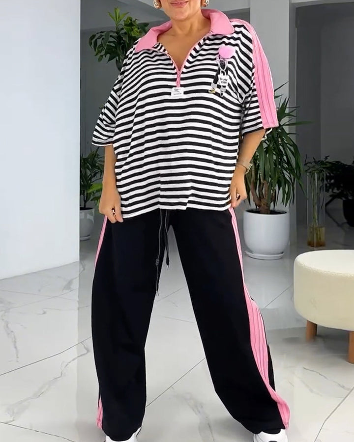 Damen nan lässiges zweiteiliges Polo-Lounge-Set mit Oversize-Streifen, Pompom-Applikation und kontrastierenden Seitenbahnen Echo Archiv