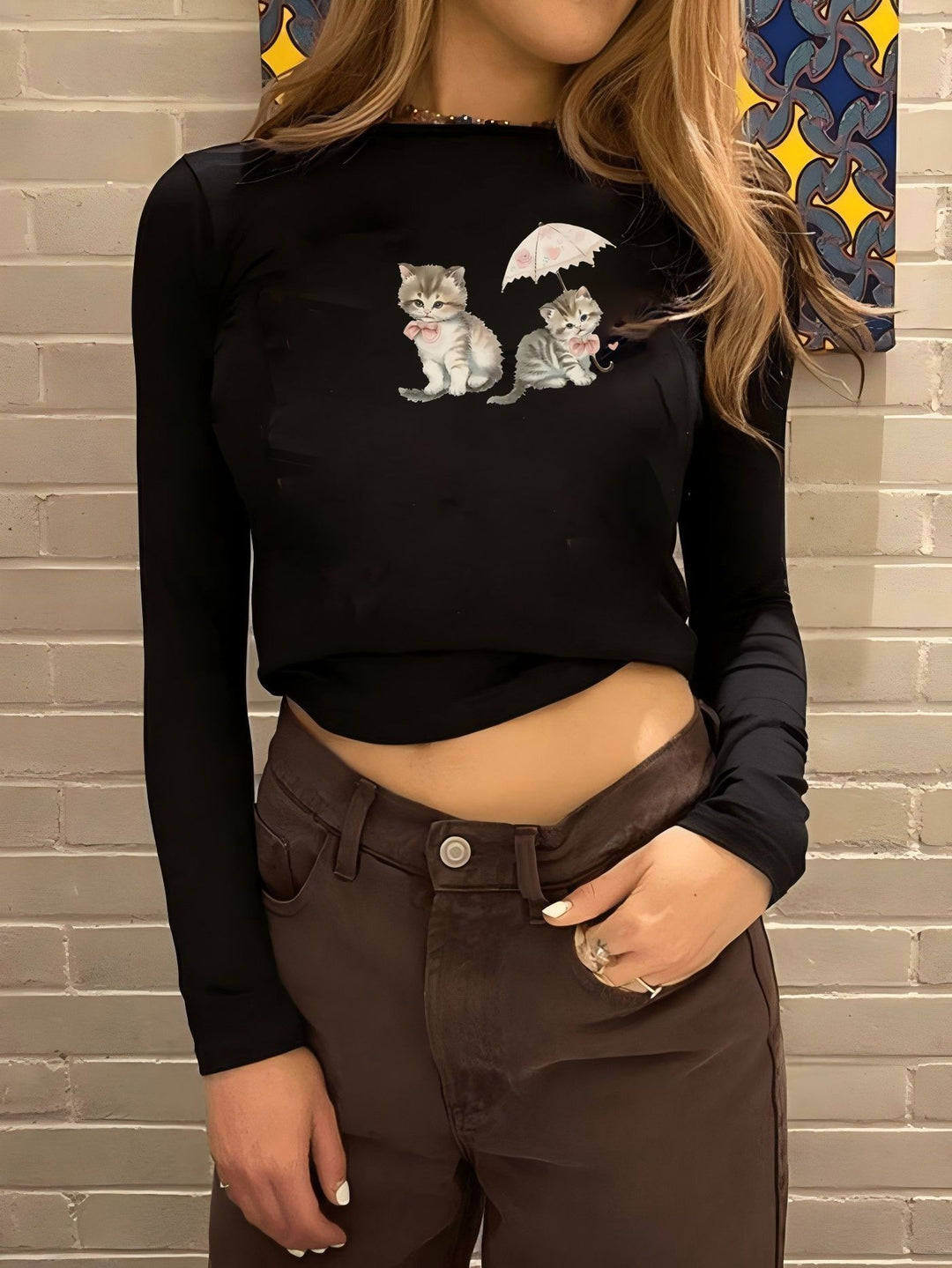 Damen figurbetontes Langarmshirt mit niedlichem Gänse-Print, Rundhalsausschnitt und leichtem Stretch – Avérine