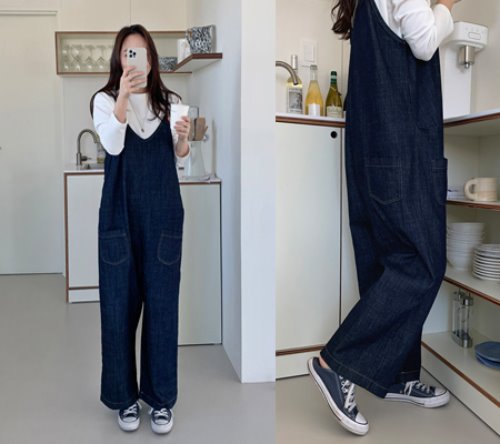 Damen Oversized Denim-Latzhose mit weitem Bein und Eingrifftaschen – Avélisse