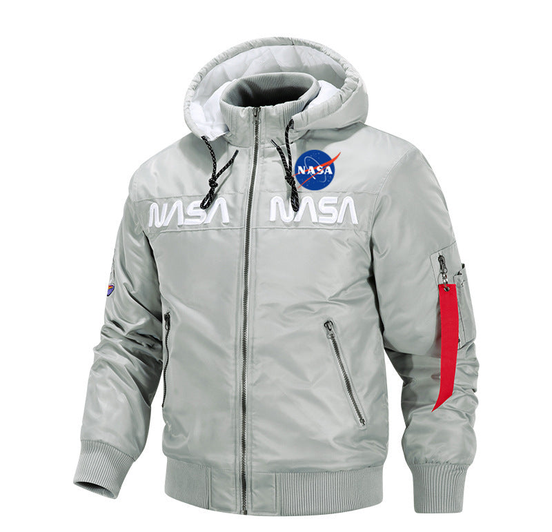 Herren  glänzende Luft- und Raumfahrt Emblem Kapuzenjacke mit Reißverschluss vorne Bomberjacke Echo Archiv