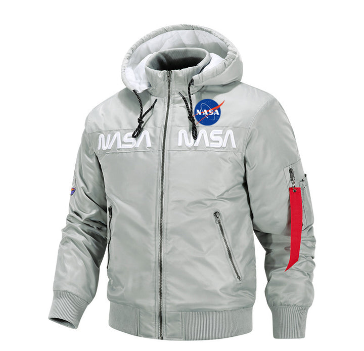 Herren  glänzende Luft- und Raumfahrt Emblem Kapuzenjacke mit Reißverschluss vorne Bomberjacke Echo Archiv