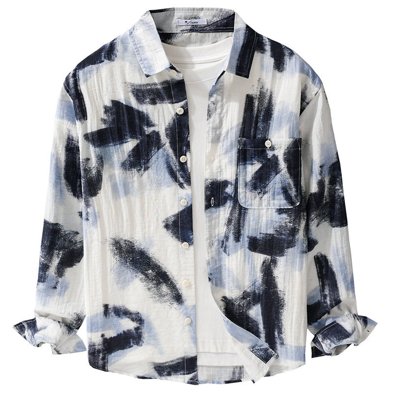 Herren Langarm-Hemdjacke mit abstraktem Pinselprint und feiner Crinkle‑Struktur Echoarchiv