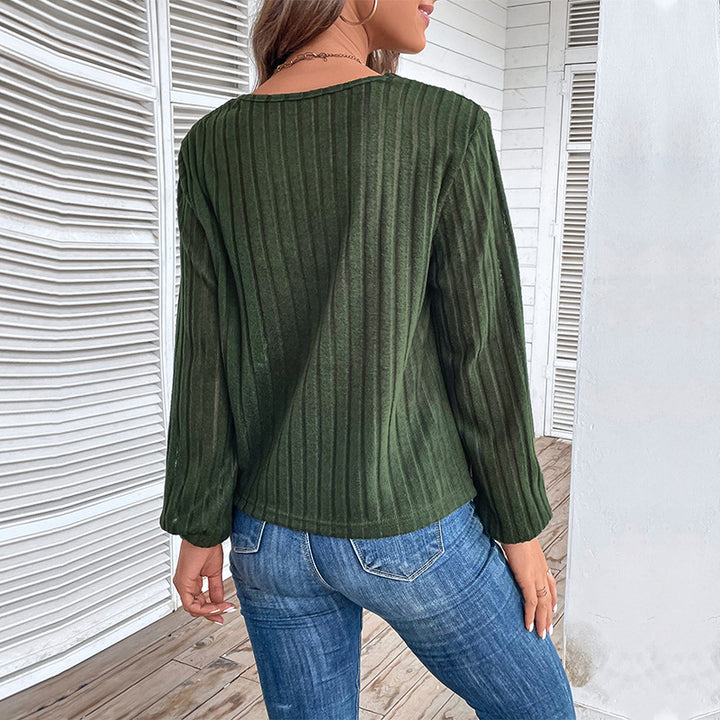 Damen Geripptes V-Ausschnitt Langarmshirt mit Twist-Knoten und Zierknöpfen Echoarchiv