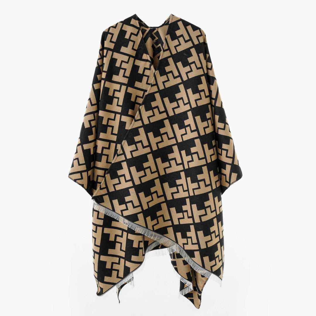 Damen Oversize-Cape mit geometrischem Jacquard und Fransensaum – Avérine