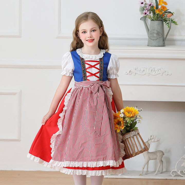Damen nan traditionelles Kinder-Dirndl Kleid mit geraffter Schürze und Spitzenbesatz Echo Archiv