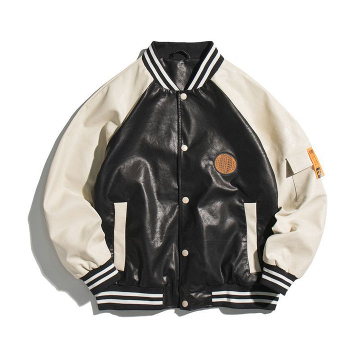 Herren College-Bomberjacke im Varsity-Stil aus Kunstleder mit Kontrastärmeln und Rippbündchen – Brevano