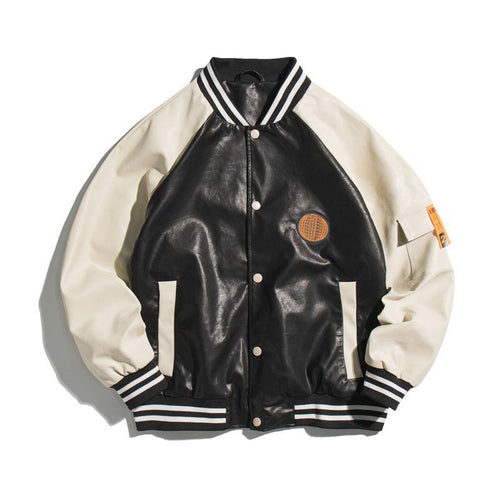Herren College-Bomberjacke im Varsity-Stil aus Kunstleder mit Kontrastärmeln und Rippbündchen – Brevano
