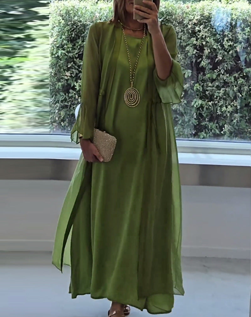 Damen nan elegante Lagen-Abendrobe mit gefüttertem Innenkleid, transparentem Chiffon-Überwurf und taillenverstellbaren Bändern Echo Archiv