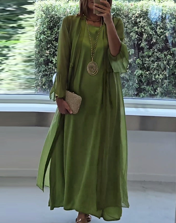 Damen nan elegante Lagen-Abendrobe mit gefüttertem Innenkleid, transparentem Chiffon-Überwurf und taillenverstellbaren Bändern Echo Archiv