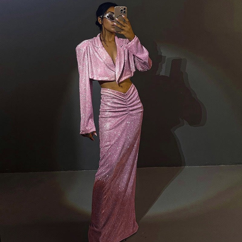 Damen Glitzerndes Crop-Oberteil und Wickelrock Set Echo Archiv