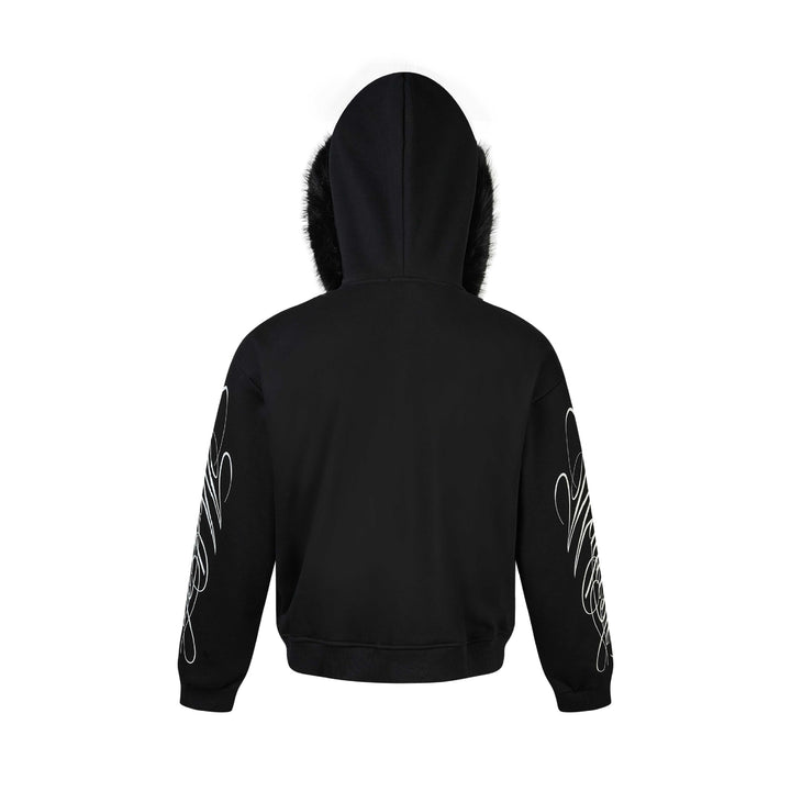 Unisex Oversize Kapuzenjacke aus Baumwollmix mit abnehmbarem Kunstfellbesatz und grafischen Ärmeldrucken Echoarchiv