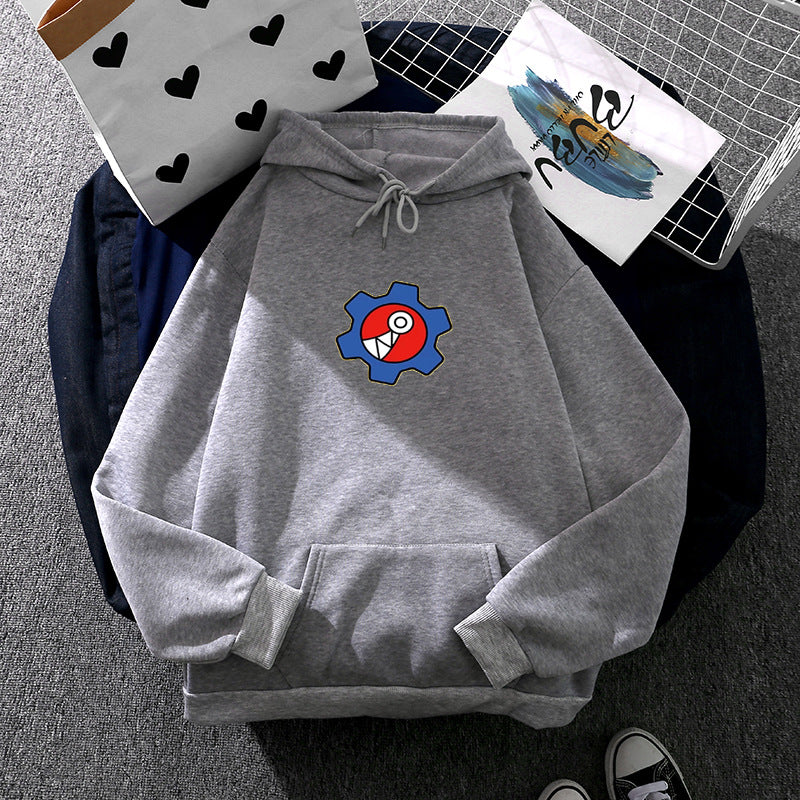 Damen oversized Fleece-Kapuzenpullover mit weicher Innenseite, Kängurutasche und appliziertem Zahnrad-Comic-Motiv – Auréline