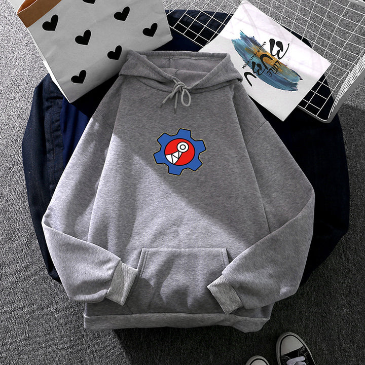 Damen oversized Fleece-Kapuzenpullover mit weicher Innenseite, Kängurutasche und appliziertem Zahnrad-Comic-Motiv – Auréline