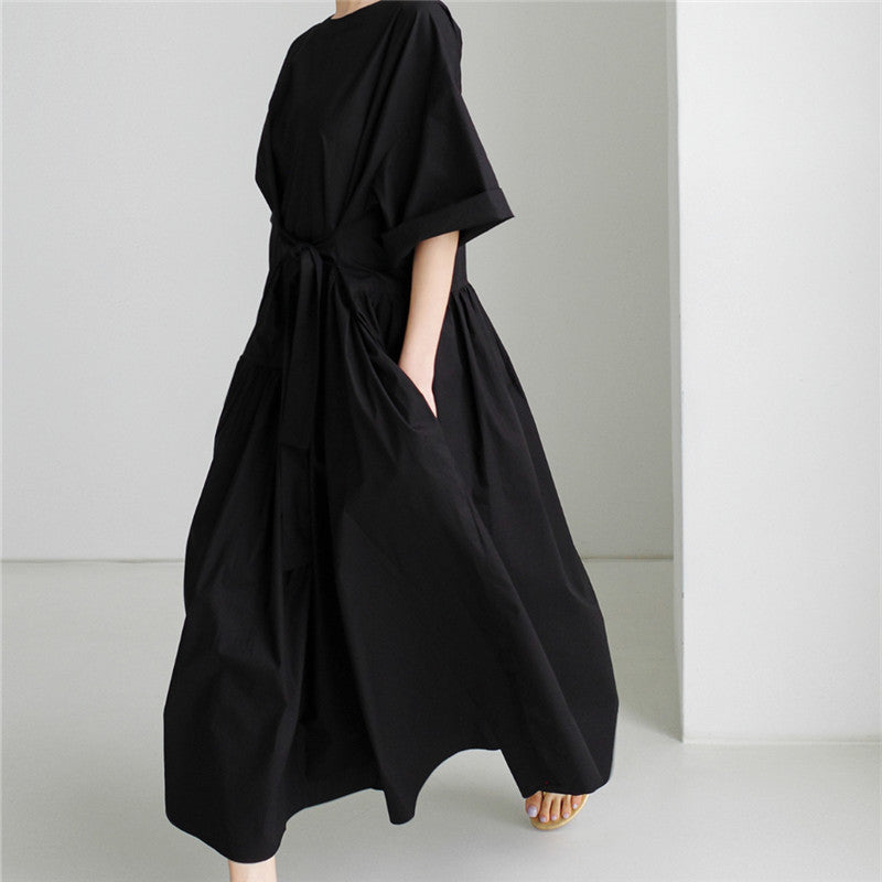 Damen Langes Baumwoll-Maxikleid mit Wickelgürtel und Eingrifftaschen Echoarchiv