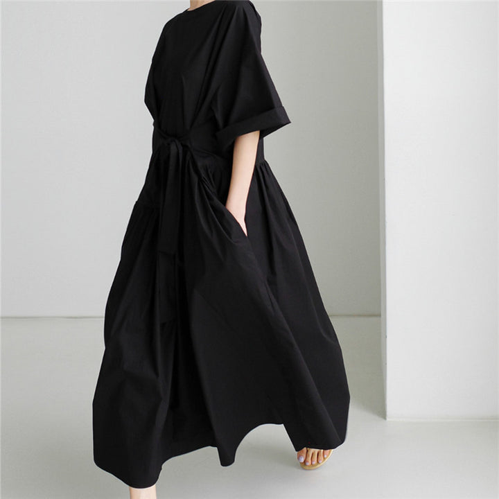 Damen Langes Baumwoll-Maxikleid mit Wickelgürtel und Eingrifftaschen Echoarchiv
