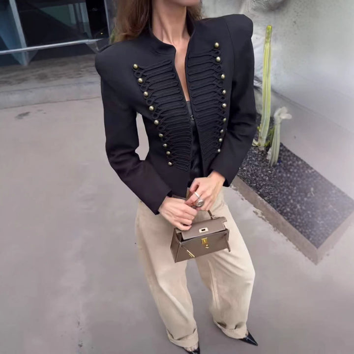 Damen Cropped Blazer im Husarenstil mit Stehkragen, Zierkordeln und Messingknöpfen Echo Archiv
