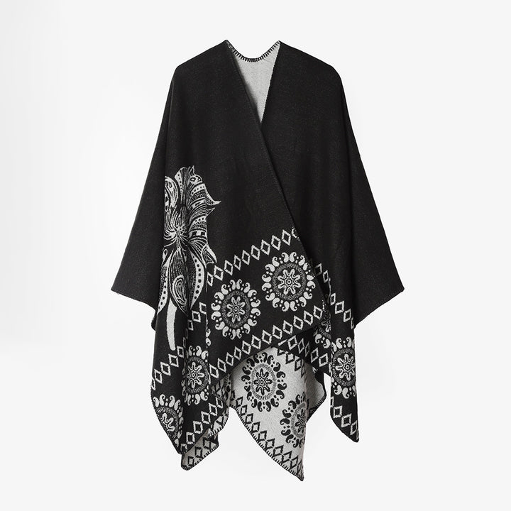 Damen Poncho‑Cape mit zweifarbiger Webstruktur, floralem Medaillon‑Jacquard und offener Front – Avérine