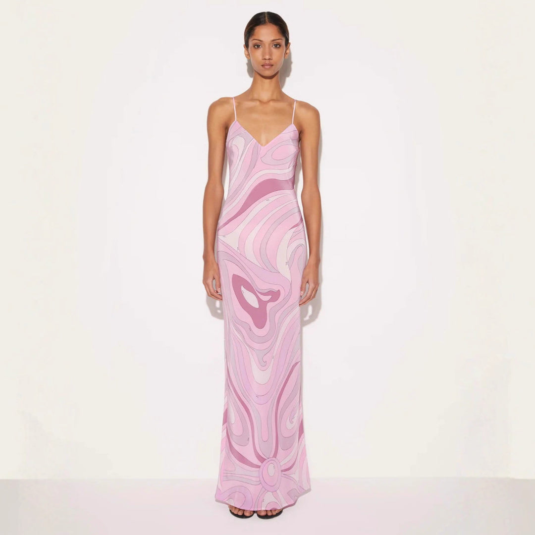 Damen nan elegantes Slip-Maxikleid mit V-Ausschnitt, filigranen Spaghettiträgern und retro-grafischem Allover-Print Echo Archiv