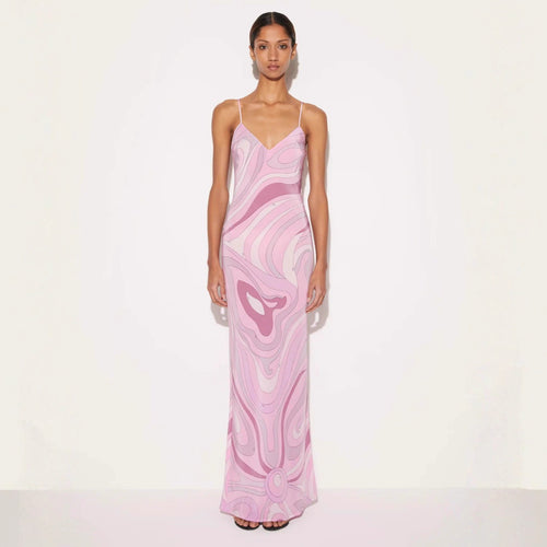 Damen nan elegantes Slip-Maxikleid mit V-Ausschnitt, filigranen Spaghettiträgern und retro-grafischem Allover-Print Echo Archiv