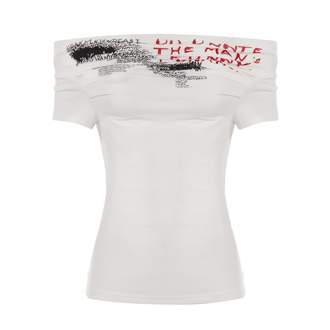 Damen Off-Shoulder T-Shirt mit künstlerischem Druck und figurbetontem Schnitt Echo Archiv