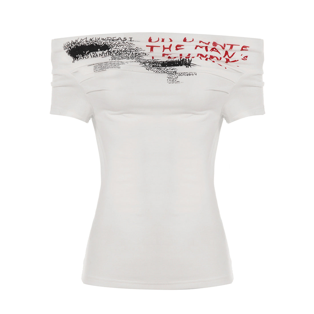 Damen Off-Shoulder T-Shirt mit künstlerischem Druck und figurbetontem Schnitt – Orélia