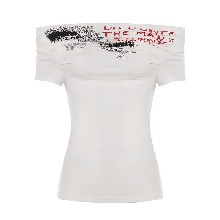Damen Off-Shoulder T-Shirt mit künstlerischem Druck und figurbetontem Schnitt Echo Archiv