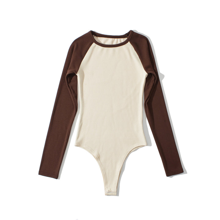 Damen Raglan-Bodysuit mit langen Ärmeln, Rippstruktur und Druckknopfverschluss Echoarchiv